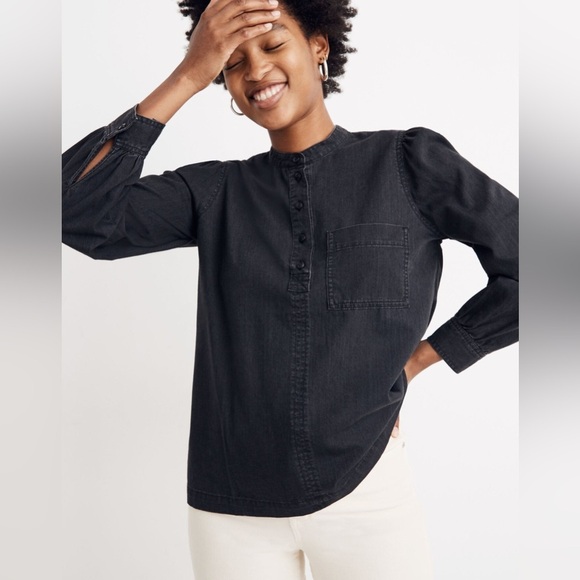 Madewell Denim Collarless Popover Shirt in Shrader Wash - Picture 2 of 9